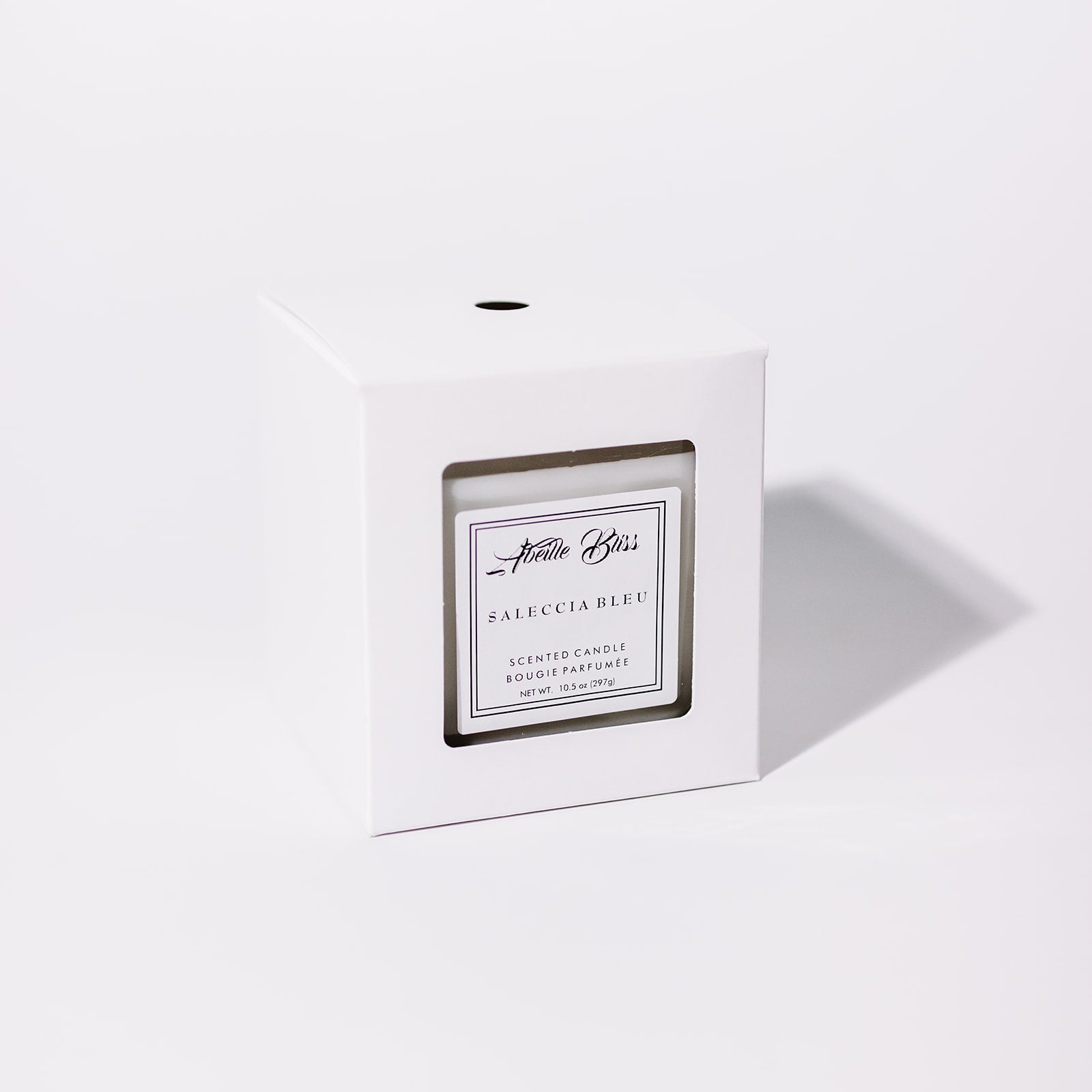 Saleccia Bleu Fresh Candle in its white classic box.